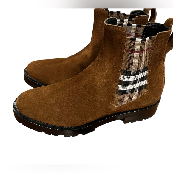 Burberry Brown Suede Boots with Plaid Accent. EUC 38 - Picture 1 of 7